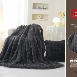Patura Cocolino Pufoasa, cu Fermoar, din Blanita Artificiala de Iepure, 200x230cm, Gri Inchis-D9168
