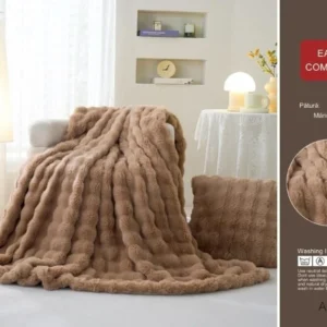 Patura Cocolino Pufoasa, cu Fermoar, din Blanita Artificiala de Iepure, 200x230cm, Bej-D9166