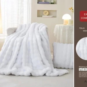 Patura Cocolino Pufoasa, cu Fermoar, din Blanita Artificiala de Iepure, 200x230cm, Alb-D9164