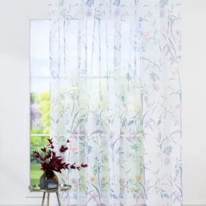 Perdea Athena 03, cu model floral, albastru, roz și galben
