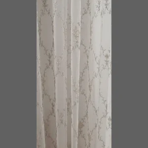 Perdea K24179/03, tull alb cu broderie model floral bej și gri