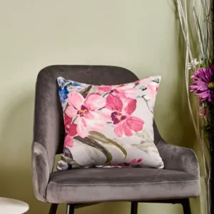 Față pernă BKP – Husă pernă decorativă 40×40, tafta texturată, gri deschis, cu model floral roșu, albastru, verde