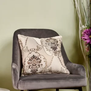 Față pernă Dubai – Husă pernă decorativă 40×40, tafta texturată, fond bej, model clasic baroc cu auriu, maro, crem