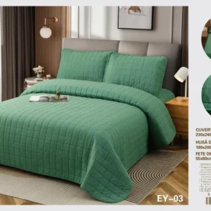 Set Cuvertura 4 Piese Bumbac cu , Cearceaf de pat cu elastic, Verde-D8028