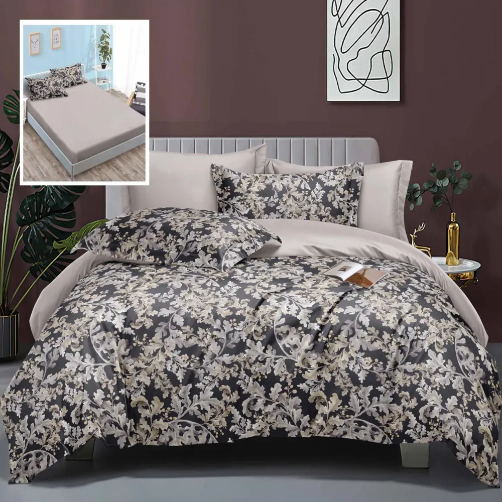 Set lenjerie pat ELEGANCE LEH9, bumbac/poliester, gri/bej, 160-180x200x25 cm, cu cearceaf pat, cearceaf pilota si 4 fete d...