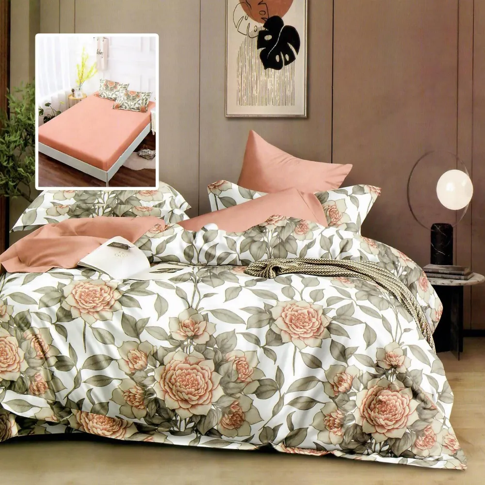 Set lenjerie pat finet HF6P302, bumbac/poliester, coral/verde, 160-180x200 cm, cu husa pat, cearceaf pilota si 4 fete de p...