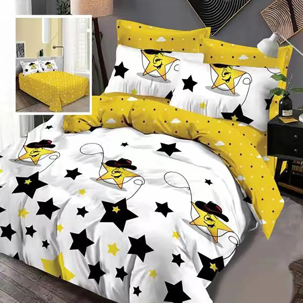 Set lenjerie pat finet M241, bumbac/poliester, alb/galben/negru, 220x240 cm, cu cearceaf pat, cearceaf pilota si 4 fete de...