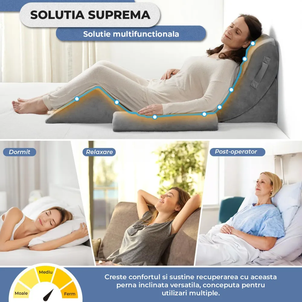Set 4 Perne Ortopedice Elindor® pentru Pat, Perna Spuma cu Memorie, Hipoalergenica, Suport Spate, Picioare, Genunchi, Post...