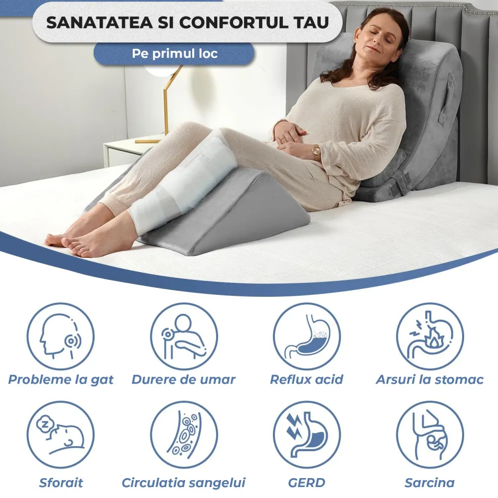 Set 4 Perne Ortopedice Elindor® pentru Pat, Perna Spuma cu Memorie, Hipoalergenica, Suport Spate, Picioare, Genunchi, Post...