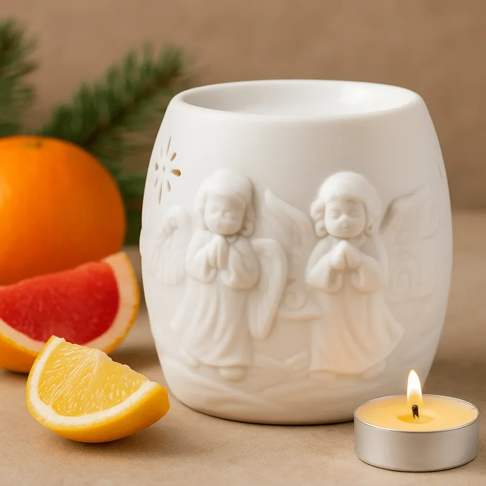 Arzător de ulei și ceară, înger ceramic alb