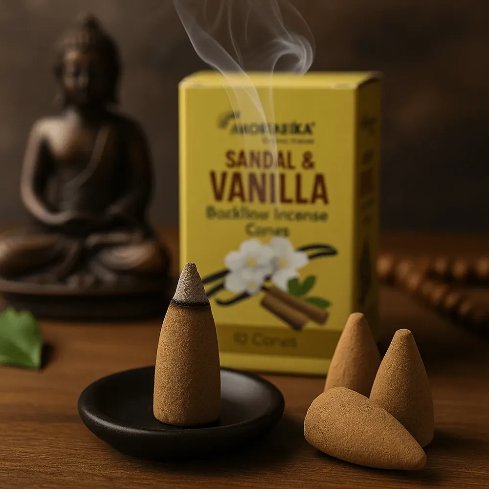 Conuri de tămâie cu reflux – Lemn de santal și vanilie, pachet de 10