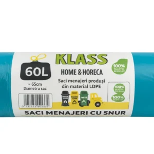 KLASS Home & Horeca – Saci menajeri cu șnur, turcoaz - 60L- 10buc/rola