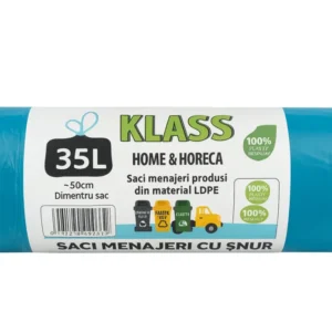 KLASS Home & Horeca – Saci menajeri cu șnur, turcoaz- 35L- 15buc/rola