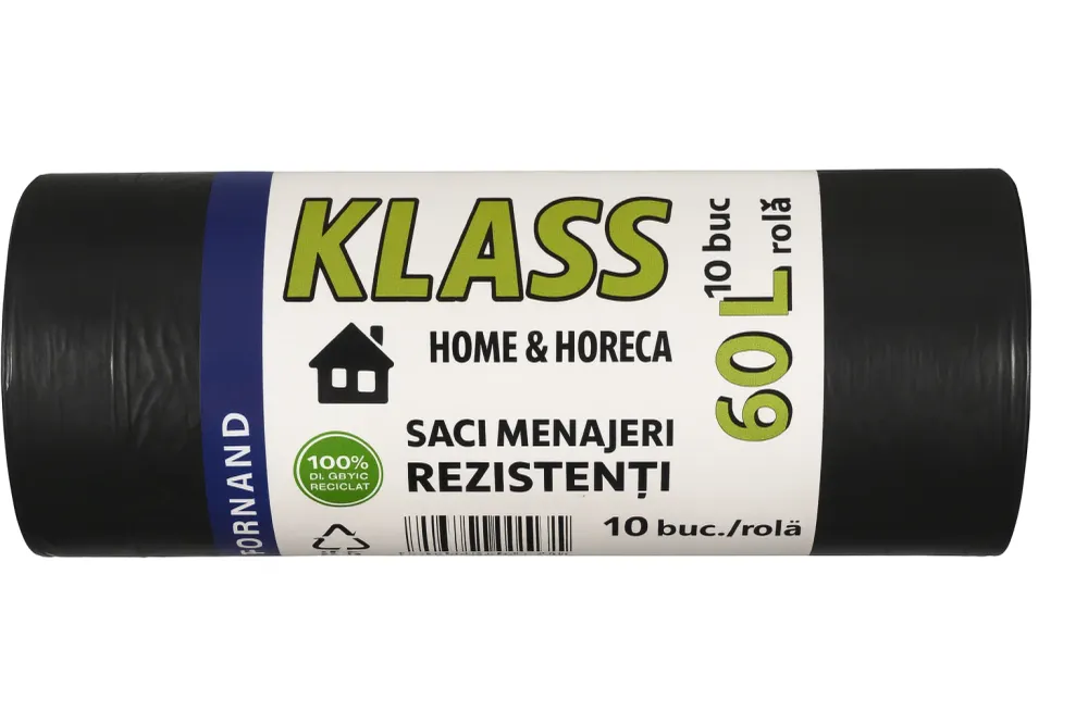KLASS Home & Horeca – Saci menajeri cu șnur, negri- 60L- 10buc/rola