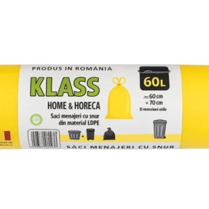 KLASS Home & Horeca – Saci menajeri cu șnur, galbeni- 60L- 10buc/rola