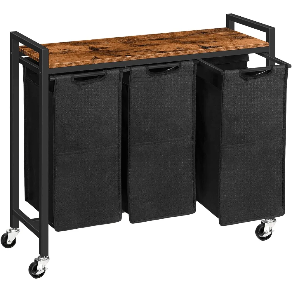 Coș de Rufe cu 3 Compartimente, 120L, Design Rustic cu Roți și Saci Detașabili, Material Oxford, 84.1 x 33 x 73.7 cm, Maro...
