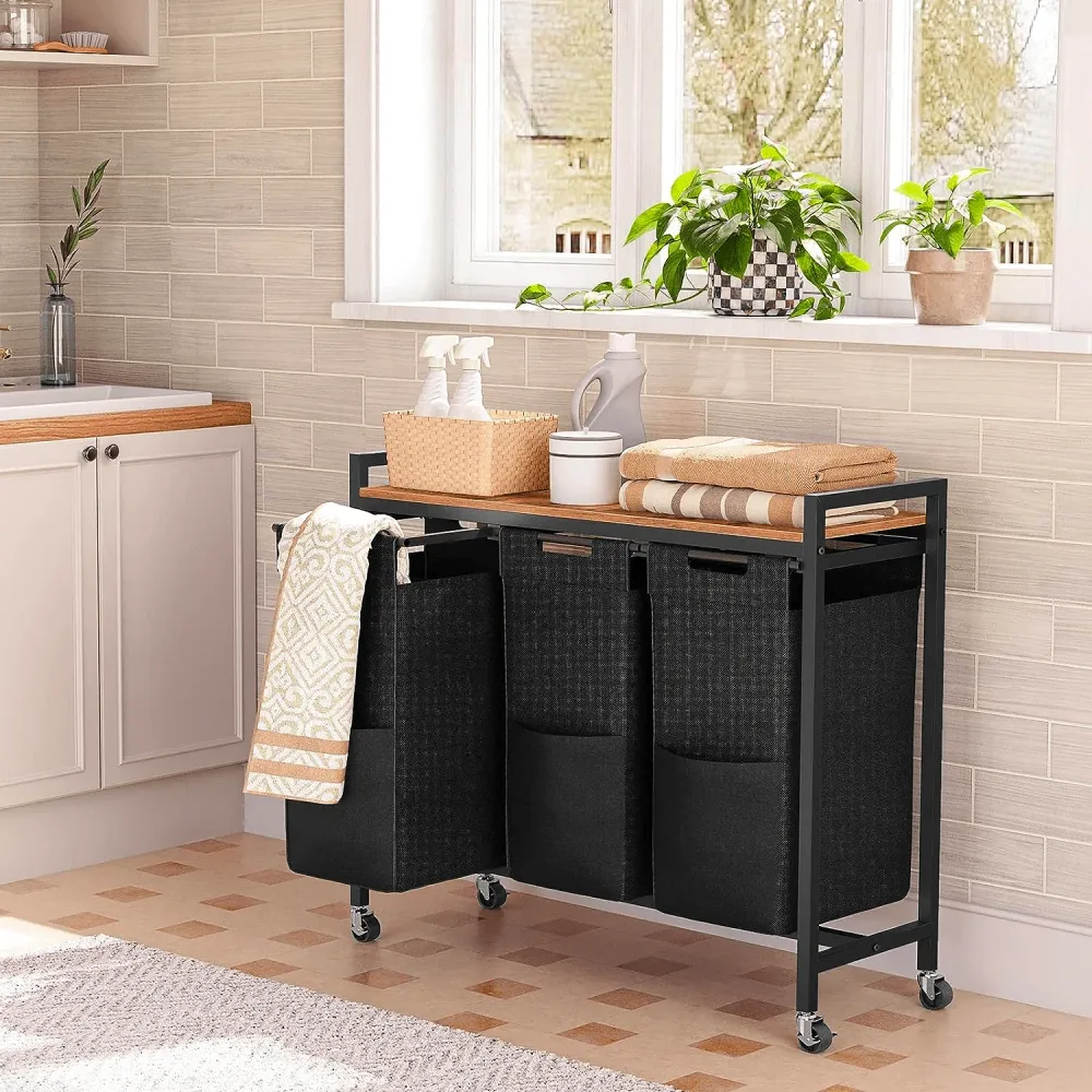 Coș de Rufe cu 3 Compartimente, 120L, Design Rustic cu Roți și Saci Detașabili, Material Oxford, 84.1 x 33 x 73.7 cm, Maro...