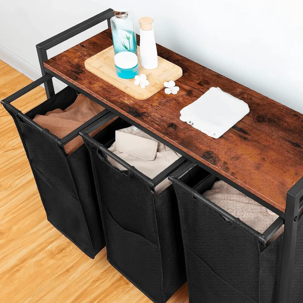 Coș de Rufe cu 3 Compartimente, 120L, Design Rustic cu Roți și Saci Detașabili, Material Oxford, 84.1 x 33 x 73.7 cm, Maro...