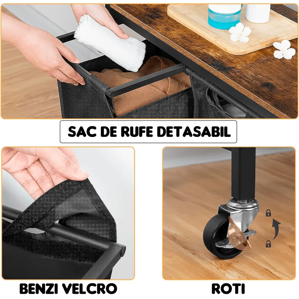 Coș de Rufe cu 3 Compartimente, 120L, Design Rustic cu Roți și Saci Detașabili, Material Oxford, 84.1 x 33 x 73.7 cm, Maro...