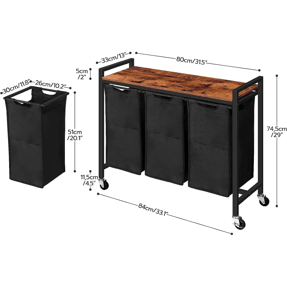 Coș de Rufe cu 3 Compartimente, 120L, Design Rustic cu Roți și Saci Detașabili, Material Oxford, 84.1 x 33 x 73.7 cm, Maro...