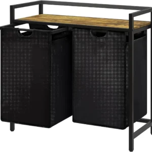Coș de Rufe Dublu cu Sertar, 95L, Raft Superior, Saculețe Detașabile, 76 x 33.5 x 72 cm, Negru
