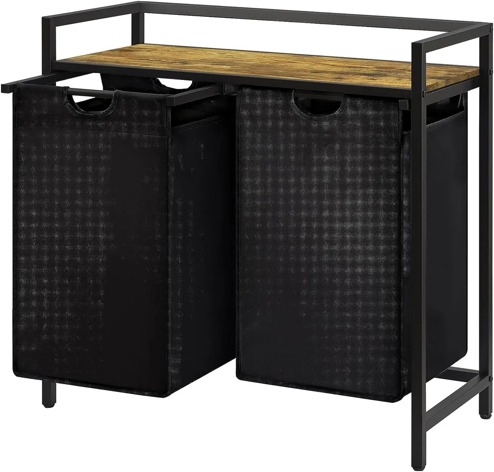 Coș de Rufe Dublu cu Sertar, 95L, Raft Superior, Saculețe Detașabile, 76 x 33.5 x 72 cm, Negru