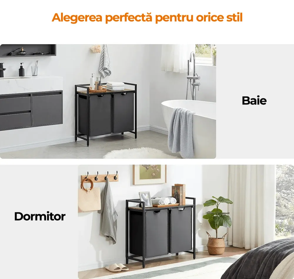 Coș de Rufe Dublu cu Sertar, 95L, Raft Superior, Saculețe Detașabile, 76 x 33.5 x 72 cm, Negru