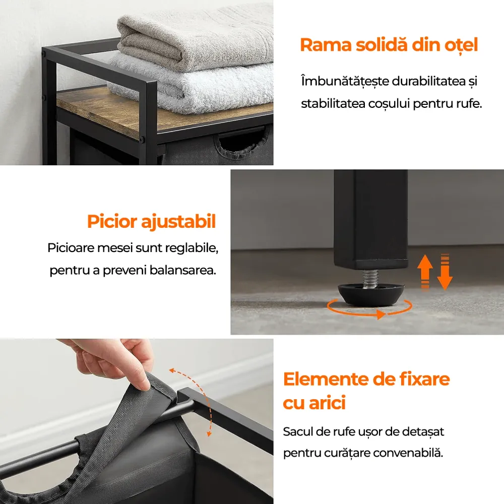Coș de Rufe Dublu cu Sertar, 95L, Raft Superior, Saculețe Detașabile, 76 x 33.5 x 72 cm, Negru