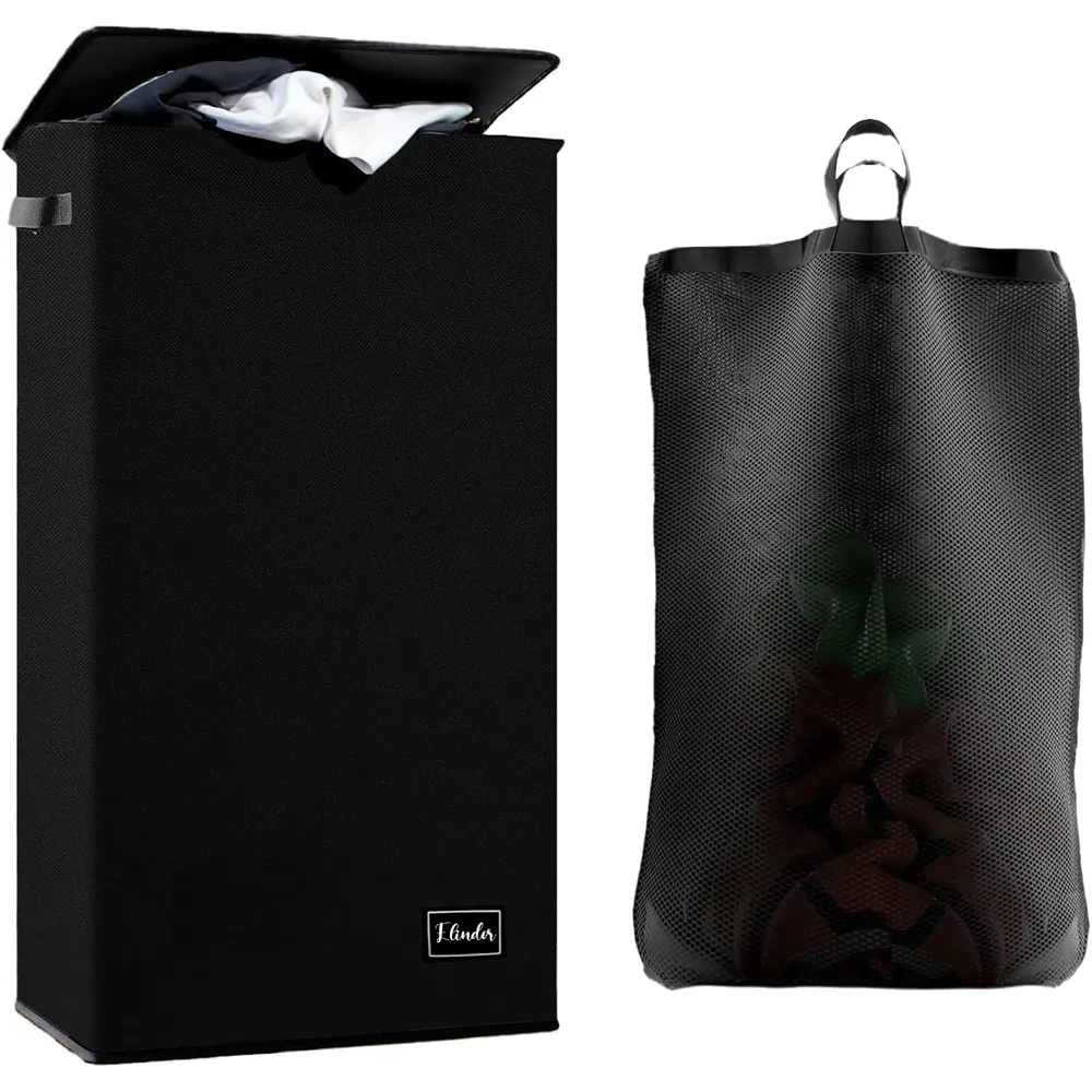 Coș de Rufe Pliabil Elindor, cu Capac și Sac Detasabil, 100 L, 41 x 31 x 76 cm, Impermeabil, Negru