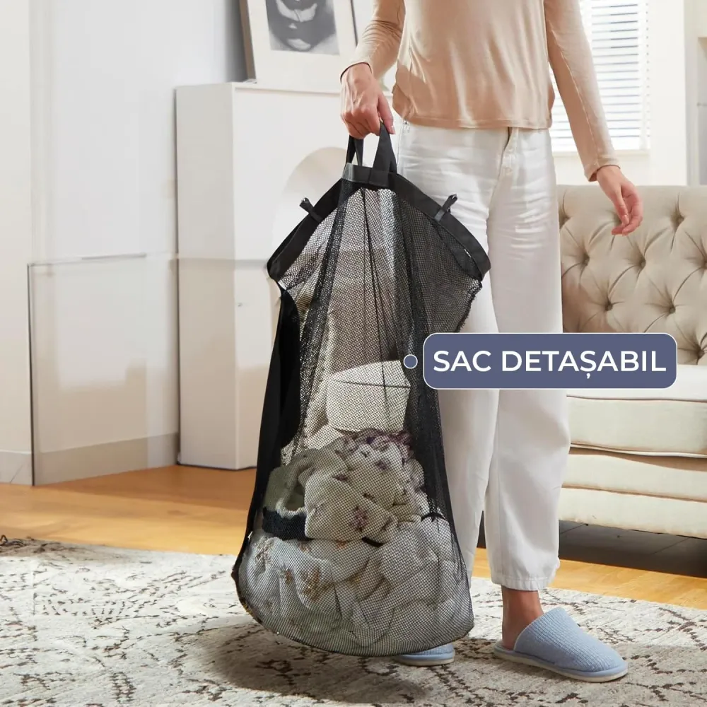 Coș de Rufe Pliabil Elindor, cu Capac și Sac Detasabil, 100 L, 41 x 31 x 76 cm, Impermeabil, Negru