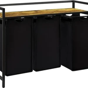 Coș de Rufe Triplu cu Sertar, 120L, Raft Superior, Saculețe Detașabile, 95 x 35 x 72 cm, Negru