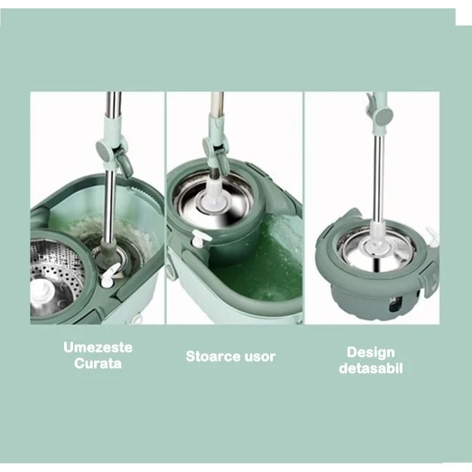 Set mop rotativ cu galeata selexmo, material plastic si microfibra, o rezerva inclusa, rezistent, cu dop scurgere, vas det...
