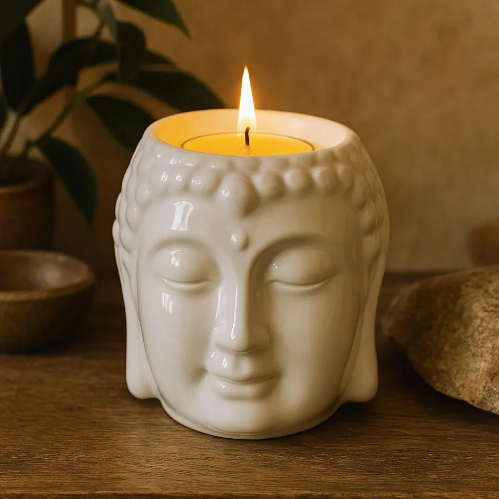 Suport pentru lumânare tealight cu cap de Buddha, ceramică albă