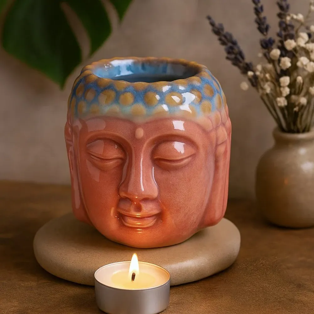 Suport pentru lumânare cu ulei Buddha, trandafir și albastru verzui