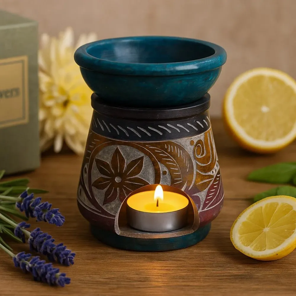Suport pentru ulei aromaterapie din piatră de săpun 8 cm floral multicolor