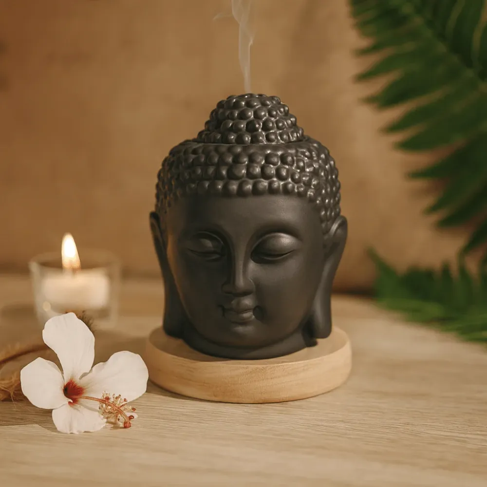Suport pentru ulei, cap de Buddha maro închis