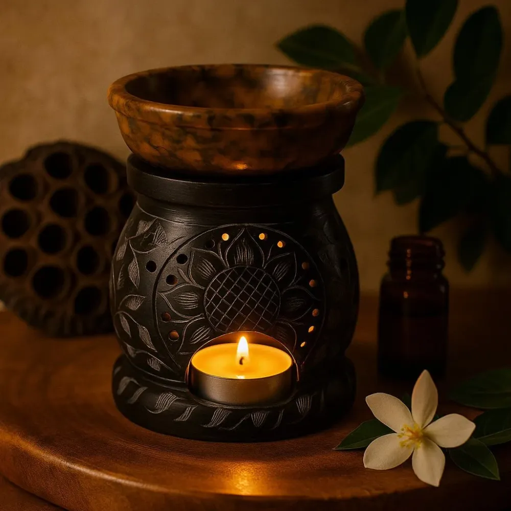 Suport pentru ulei din piatră săpun 10cm Floare Mandala Negru Galben