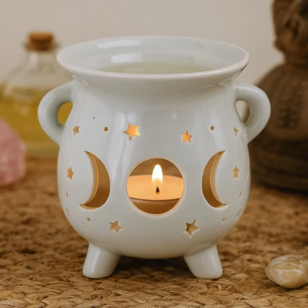 Suport pentru ulei cu lumânare tealight, cazan, faza lunii, alb